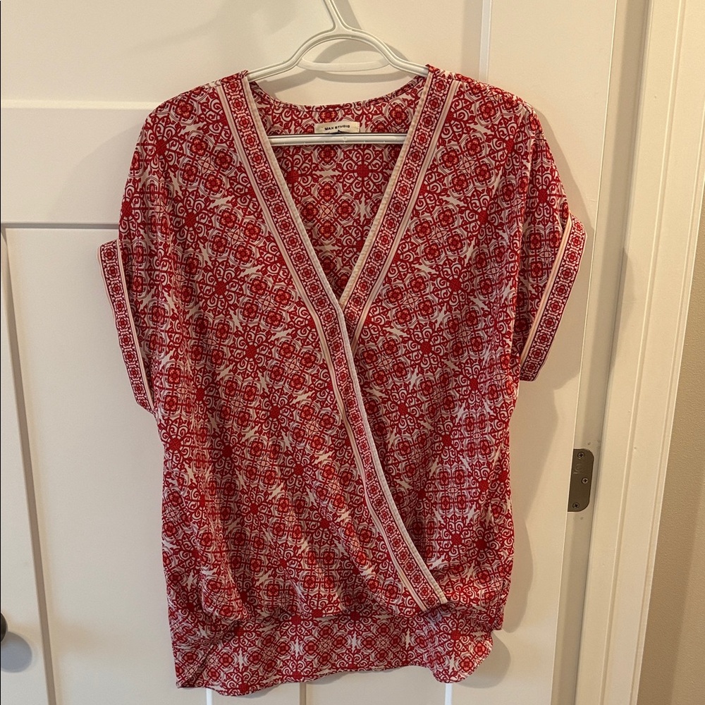 Max Studio Red Floral Wrap Blouse